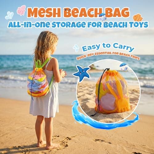 LADFAR Beach Sand Toys Set for Toddlers, Portable Travel Beach Toys with Collapsible Bucket, Shovel, Rake, Molds & Mesh Storage Bag for Kids, Summer Gift (Sunset Orange + Ocean Blue) — view 2
