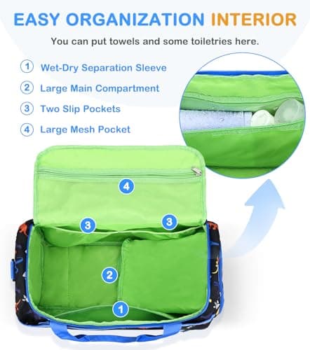 Overnight Bag for Kids, VASCHY Large Capacity Travel Duffle Bag for Boys Lightweight Holdall Bag Weekender Bag with Shoes and Seperated Dry Wet Compartment for School, Dance, Sport(Blue Dinosaur) — view 4