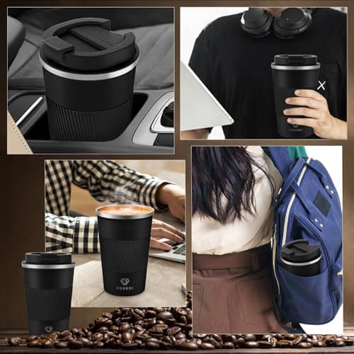 CS COSDDI Travel Mugs, Insulated Cup With Leakproof Lid - Reusable Travel Mug - Car Cup - Stainless Steel Mug for Hot and Cold Coffee, Water and Tea (Black-A, 380 ml) — view 6