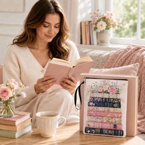 Floral Book Sleeve Pouch, Washable Fabric Cloth Book Cover Bag with Zipper and Extra Pocket, Portable Notebook Protector for Kindle, Textbook, Gift for Reading Lovers Women Friend — view 4