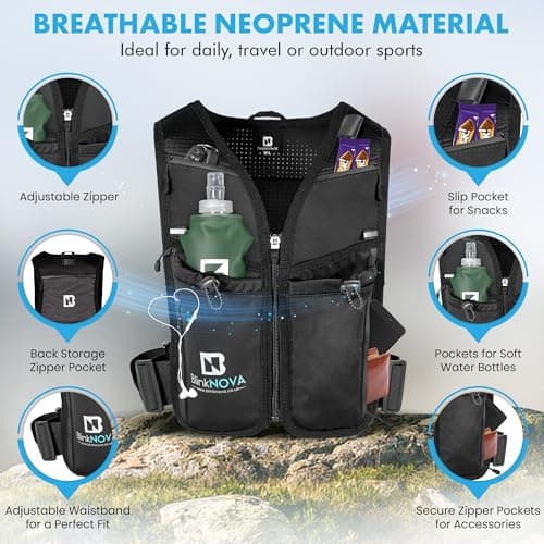 BlinkNova Running Vest with Phone Holder, Reflective Hydration Vest with Adjustable Waistband and Collapsible Water Bottle, Adjustable Unisex Hiking Accessories (Front Zipper - XS/S) — view 4