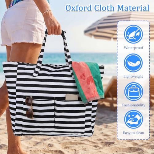 Large Beach Bag for Women with Zipper, Waterproof Summer Beach Tote Bags with Pockets, Holiday Essentials Family Travel Bag with Wet Compartment, Oxford Cloth Shopping Bags(Style 2) — view 4