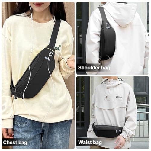 RISIPU Bumbags for Ladies Men,Waterproof 3 Zip Pockets Waist Bag with Headphone Jack and Adjustable Strap,Lightweight Bum Bag for Sport Running Hiking Cycling Travel ，Black — view 4