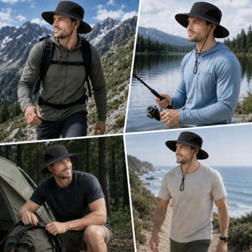 newhsy Wide Brim Sun Hat Mens UPF50 Breathable Mesh Foldable Bucket Safari Hat for Fishing Hiking Travel (Black) — view 6