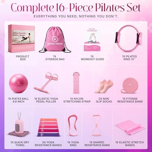 Pilates Equipment Set for Home Workout – 16PCS Fitness Kit with 13'' Pilates Ring, 10'' Exercise Ball & Resistance Bands – Complete Workout Accessories for Women & Beginners,Home Gym Training (Pink) — view 2