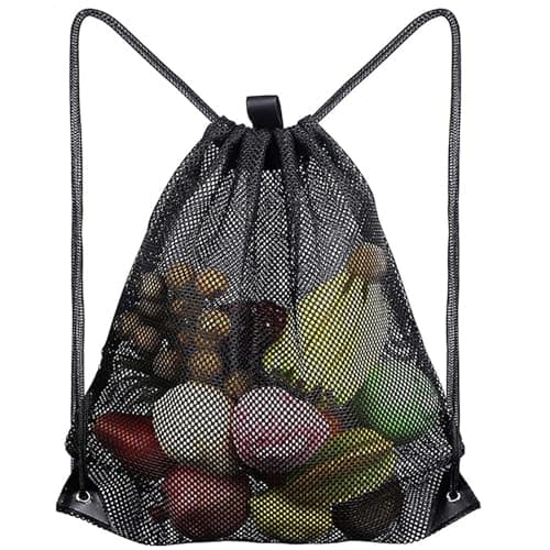 HoAhaMay Large Mesh Beach Bag Mesh Bag Drawstring Gym Bag Mesh Backpack with Drawstring Mesh Ball Bag Gym Backpack for Sports Beach Swimming Travel Camping (Black)