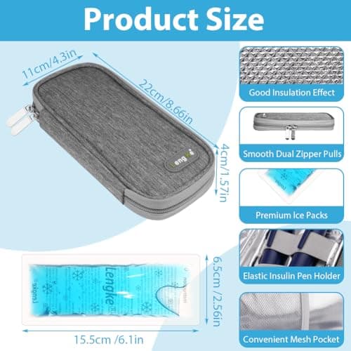 ACWOO Insulin Cooler Travel Case With 2 Ice Packs - Diabetic Supplies Storage Pack for Medicine, Insulin Pens - Portable Small Cooler, Grey — view 2