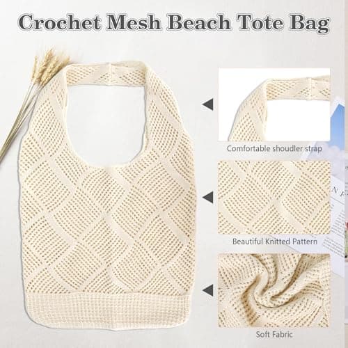 AEYURUID Crochet Beach Bag for Women Large Foldable Lightweight Mesh Tote Knit Summer Vacation Boho Bag Holiday Beach Tote (Beige) — view 4
