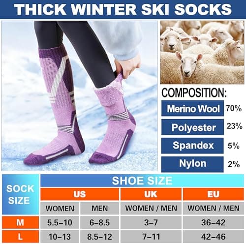 Sandsuced Merino Wool Ski Socks for Mens Womens Winter Thermal Warm Heated Thick Knee High Snowboarding Skiing Socks for Cold Weather 3 Pairs Gifts Stocking Fillers(Red/Blue/Purple,M) — view 6