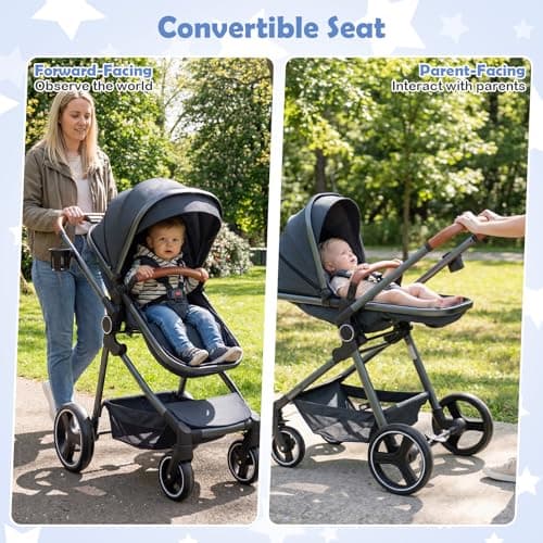 GYMAX Foldable Baby Stroller, All in One Toddler Pushchair with Adjustable Backrest/Canopy and Storage Bag, Portable Convertible Buggy Pram for Newborns (Dark Blue, with footmuff: 89 x 58 x 101 cm) — view 3