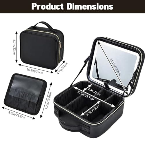 Travel Makeup Bag with LED Mirror, 3 Color Dimmable Light, Waterproof PU Leather Cosmetic Bag with USB Rechargeable & Adjustable Dividers, Makeup Organiser for Women Girls, Black — view 6
