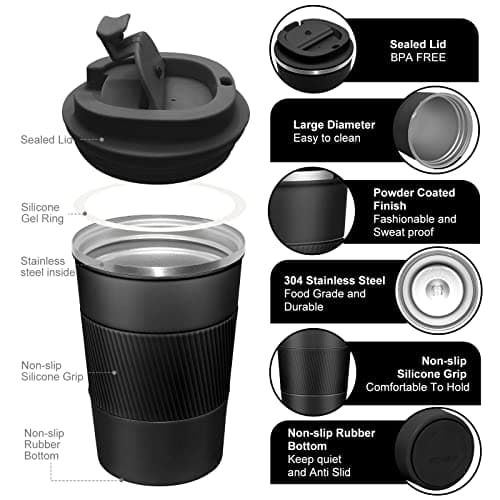 EALLEN Travel Mug with Leakproof Lid,Insulated Reusable Coffee Mug for Hot&Cold Drinks/Tea,Portable Stainless Steel Thermal Takeaway Travel Coffee Cup for Car/Outdoor/Picnic/Office/School (Black) — view 3
