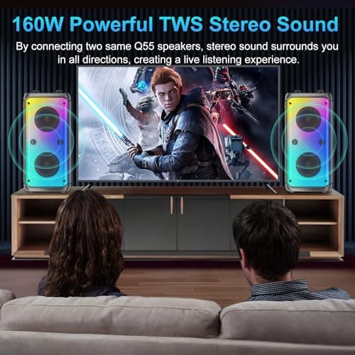 Bluetooth Speaker Wireless, 80W Peak Wireless TWS Portable Outdoor Party Speakers with Subwoofer, Deep Bass, 6 LED Colorful Lights, Loud Stereo Sound Boombox for Party, Home, Camping, Travel (Black) — view 2