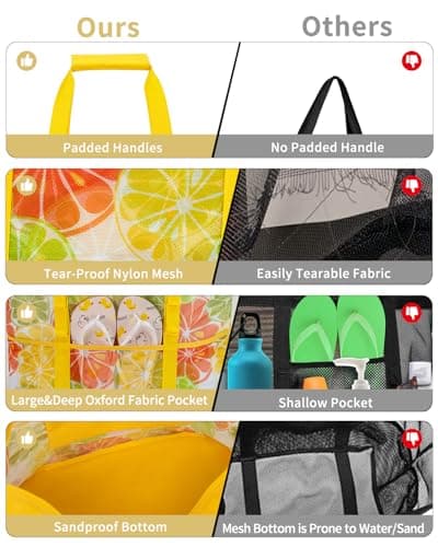 Large Beach Bag with Zip Mesh Beach Bags for Women Men Family, L Lemon — view 4