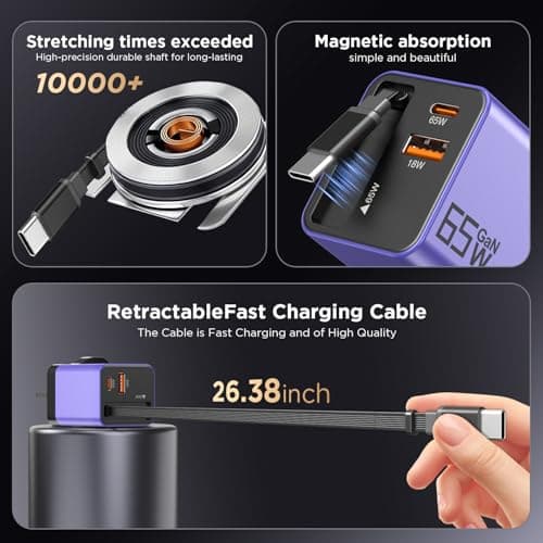65W GaN USB C Charger 3-Port with Retractable 0.7m Cable(Purple) — view 4