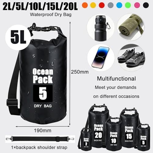 RONGZUBAT 5L Waterproof Dry Bag with Adjustable Shoulder Strap, Roll Top Dry Sack, Lightweight Waterproof Bag for Kayaking, Paddle Boarding, Boating, Beach, Swimming, Camping and Travel - Black — view 2