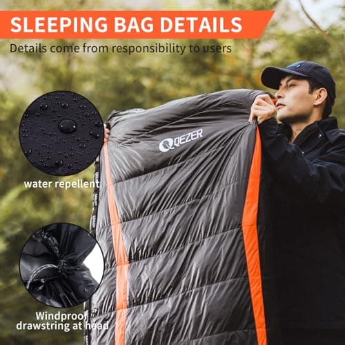 QEZER Down Sleeping Bag,Lightweight Rectangular Winter Sleeping Bag [1180g/1860g] for Adults and Kids 4 Season Camping, Hiking,Warehouse and Moutaineering Outdoor (Black, 600g down) — view 6