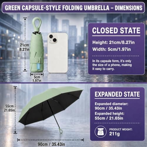 HUA JET Mini Umbrella for Women - UPF 50+ UV Protection, Sun & Rain Dual Use, Ultra-Compact Pocket Size, Lightweight Foldable Travel Umbrella with Case, Portable Shade for Beach, Commute (Mint Green) — view 2