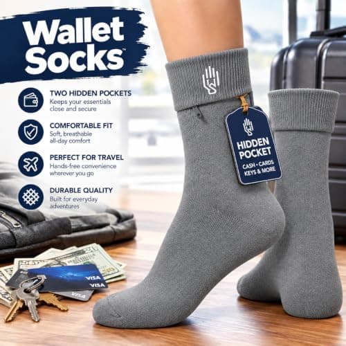 Wallet Socks - Anti Pickpockets Crew Socks for Women and Men w/Genius Hidden Zipper Pockets for Travel, Running Sizes 7-9, Grey, 5-8.5 UK — view 3