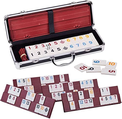 Doublefan Rummy Game Set Large Size With 106 Tiles And Four 2 Tier Playing Racks in Aluminum Case, Rummy Cube Games Set Travel/Camping Choice (2-6 Players)