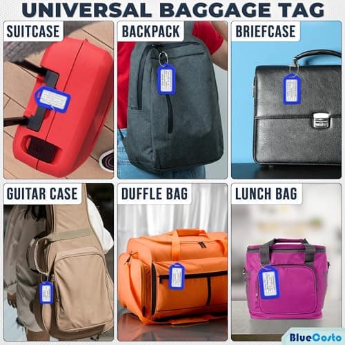 BlueCosto Luggage Tags (Small, Blue, 10 PK) - Suitcase Tags w/Name ID Card & Heavy-Duty Metal Wire Loops - Bright Coloured PVC Tags for Travel Baggage - Backpack Name Labels — view 6