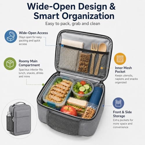 Lunch Bag for Men Women, Reusable Large Capacity Insulated Lunch Bag with Handle, Front Pocket and Side Mesh Holder, Portable Cool Bag for Work School Travel Picnic, Grey — view 3