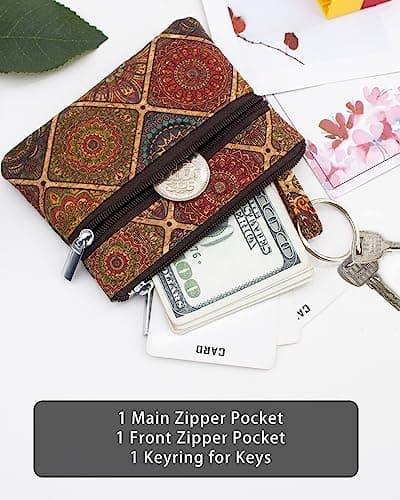 Boshiho Cork Coin Purse: Eco-Friendly Vegan Change Wallet Holder with Keyring Mini Zipper Pouch for Women (style #B) — view 4