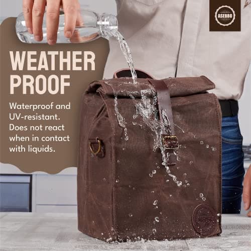 ASEBBO Insulated Lunch Bag for Men, Women - 10L Waxed Canvas Cool Bag with Genuine Leather Handle and Strong Buckle Closure, Reusable Lunch Cooler Bag for Adults Work School Picnic Food (Brown) — view 6
