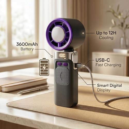 Ventox Rechargeable Handheld Fan, Grey-purple, 3600mAh Battery Up to 12H Cooling Mini Portable Fan with Lanyard, Digital Display, C Type USB Hand Held Fans 100 Speeds, 135° Adjustable Angle Airflow — view 3