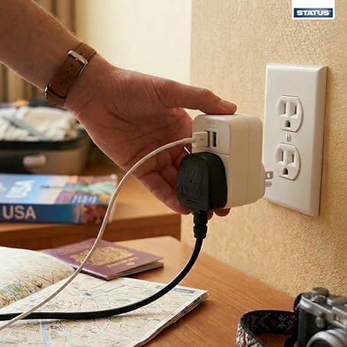 STATUS UK to US International Plug with USB Port Adapter, 3 Pin to 2 Pin US Travel Adaptor, White 2 Port USB Adapter Plug, (S2USBPTINTER1PK3) — view 6