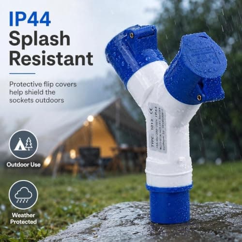 16Amp 2-Way Industrial Plug Splitter, Caravan Electric Hook Up Splitter Adapter, IP44 Waterproof 3 Pin Electrical Connection Splitter for Motorhomes, Caravans, Camping Tents, Construction Sites — view 4