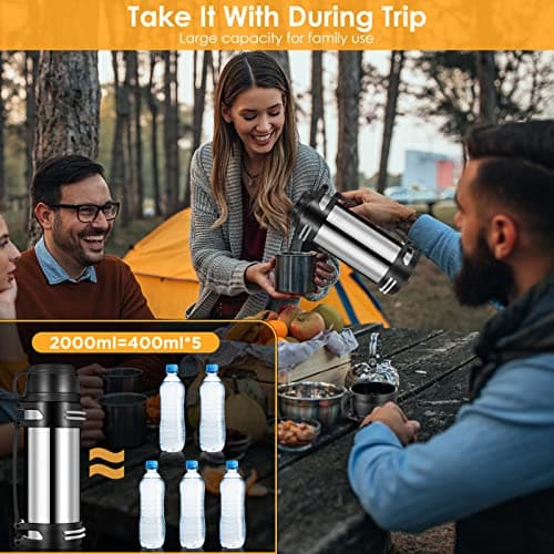 Flask for Hot Drinks, 2L Stainless Steel Thermal Bottle with Cup, Large Capacity Vacuum Insulated Flask Leakproof Hot Water Bottle with Adjustable Handle for Outdoor Travel Hiking Camping — view 4