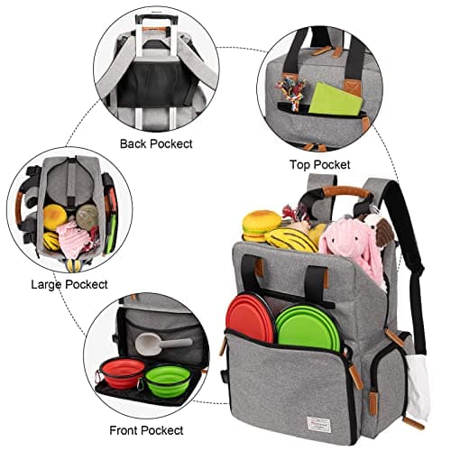 Modoker dog Travel Bag, Airline Approved Backpack for Pet Accessories Organizer, Tote Weekend Bag with 2 Food Storage Containers, 2 Collapsible Bowls, 1 Pet Mat, Grey — view 2
