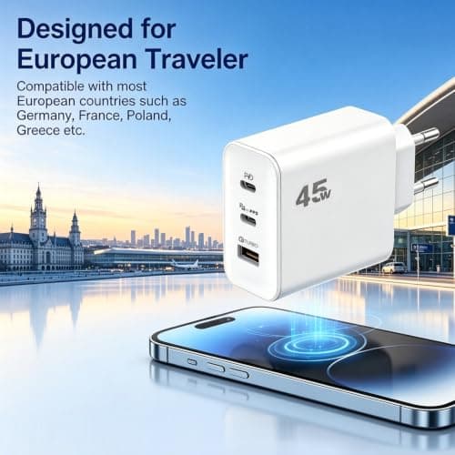 EU plug travel adapter charger, 45W European plug travel charger with 2 USB-C fast charging ports and 1 USB-A port, with 65W USB C fast charging cable — view 3