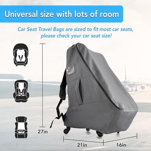 Jenen Jnzen Car Seat Travel Bag with Wheels Heavy Duty Water-Resistant Protective Cover for Airplane Travel & Rolling Design, Padded Handle,Padded Adjustable Strap (Grey) — view 6