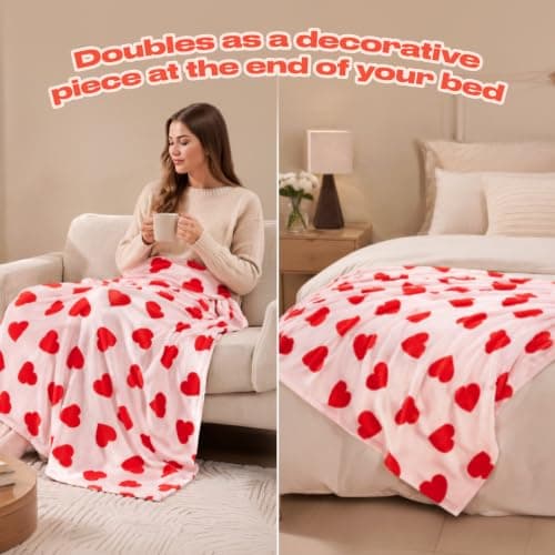 Dreamscene Fleece Blanket Hearts, Gifts for Women Super Soft Cosy Warm Polar Throws for Sofas Bed Couch Settee Travel Fluffy Blanket Single Bed Throw All Seasons, Pink/Red - 120 x 150cm — view 4