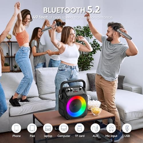 Karaoke Machine with Two Wireless Microphones, Portable Karaoke Machine for Adults & Kids, Portable Bluetooth Speaker with partybox PA System, LED Lights, Supports TF Card/USB, AUX in, FM, USB,TWS — view 2