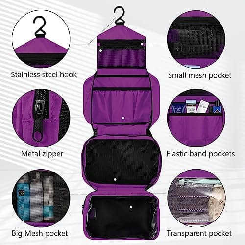 homchen Hanging Travel Toiletry Bag, Waterproof Folding Portable Cosmetic Wash Bag for Men and Women (Purple, M) — view 3