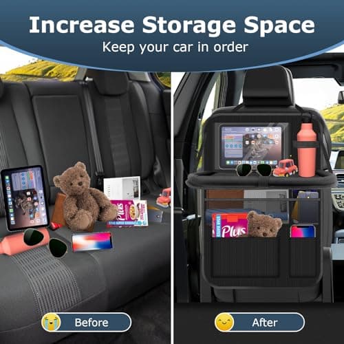 Oneyus 2 Pack Car Seat Organiser with Folding Table, Car Organiser Back Seat for Kids, Waterproof Car Storage for Keeping Car Tidy, Kick Protector, Tablet Storage Pockets (Black) — view 3