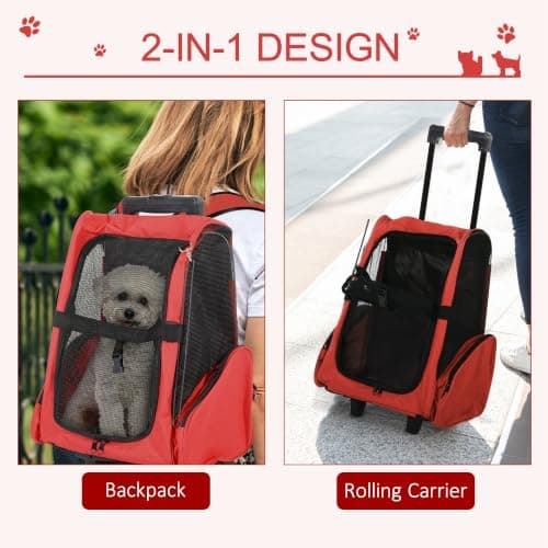 PawHut 2 in 1 Dog Backpack and Trolley Pet Travel Backpack, Red — view 4