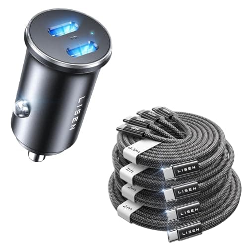 LISEN 90W USB C Car Charger + 4 Pack USB C-C Cable [0.5/1/2/2M]