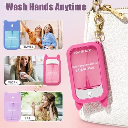 3pc Hand Sanitizer Spray For Woman, Power Mist Hand Sanitiser Mini For Travel Protective Case with 3 Bonus Cat Ears (Pink Blue Purple) — view 2
