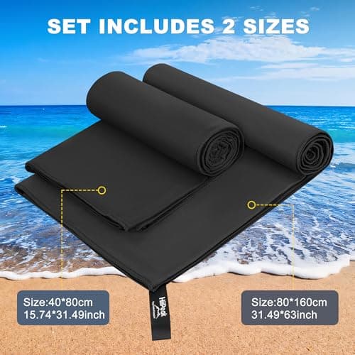 HiiPeak Microfibre Towel 2 pack（160x80cm+80x40cm） Compact Camping Beach Towel - Quick Dry Ultra Lightweight Absorbent Sports Gym Yoga Swimming Hiking Drying Towel for Men,Women (Black-2pcs) — view 3