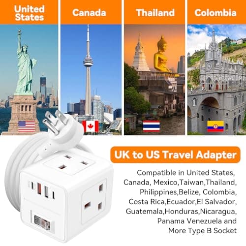 UK to USA Plug Adapter, SHUOMAO 3 Way UK to US Plug Adapter with 4 USB — view 3