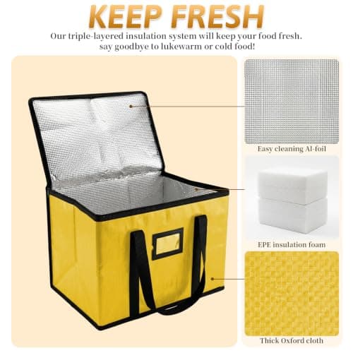 suzmei 40L Insulated Thermal Food Delivery Bag for Hot & Cold Meals, Large Foldable Cooler with Insulation for Picnic, Camping, Lunch & Outdoor Use (Yellow) — view 3