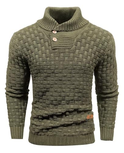 Qinfren Men's Jumpers Tops Stand Collar Buttons Twisted Knitted Green — view 2