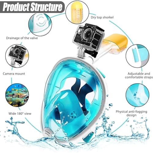 Snorkel Mask, Full Face 180°view Snorkeling Gear with Panoramic Design-Compatible Sports Camera, Diving Mask with Anti-fog and Anti-leak Technology for Adults and Kids (Green, L/XL) — view 3