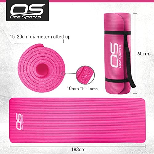 OZE SPORTS Yoga Mat, NBR Foam, Extra Thick, Non-Slip, High Density, Large, for Pilates, Gymnastics, HiiT and Fitness, with Carry Strap (Pink) — view 2