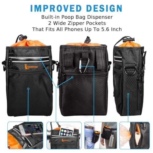 lanktoo Dog Treat Pouch Bag with Poop Bag Holder, Waterproof Puppy Training Walking Bag W/Shoulder Strap, Waist Belt and Clip, Easily Carrying Dog Toys, Food (Black+Orange) — view 4