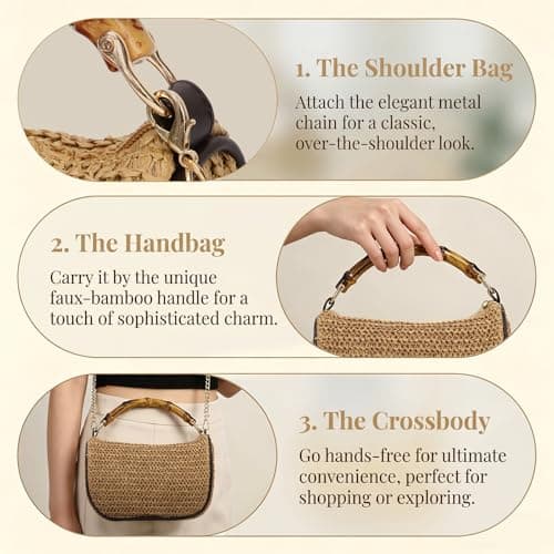 Freiesoldaten Women Straw Crossbody Bag, Boho Woven Small Shoulder Purse with Faux Bamboo Handle, Detachable Metal Chain Strap Casual Handbag for Summer Beach Vacation Travel Daily Use — view 6